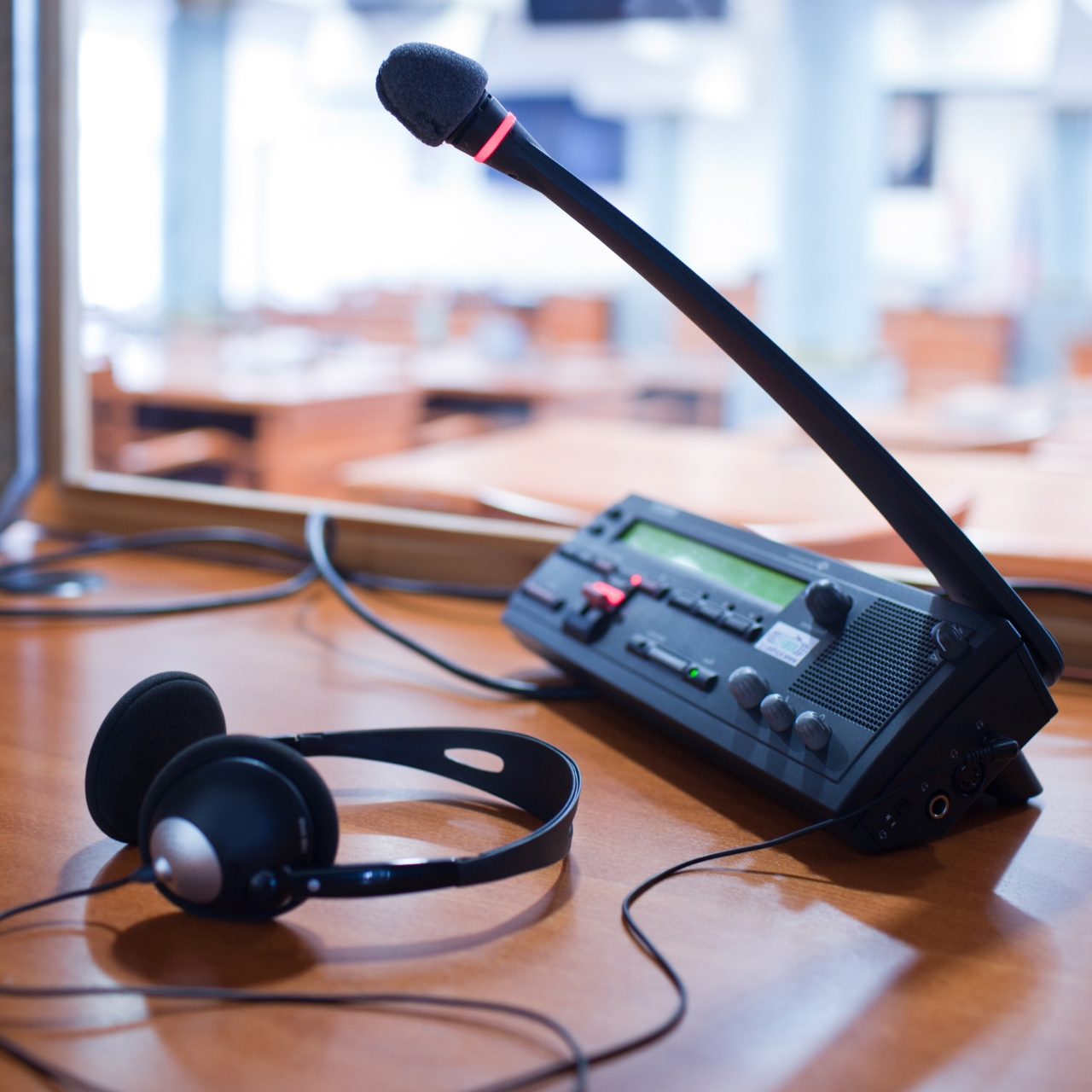 simultaneous interpreting equipment_ microphone, headset and switchboard