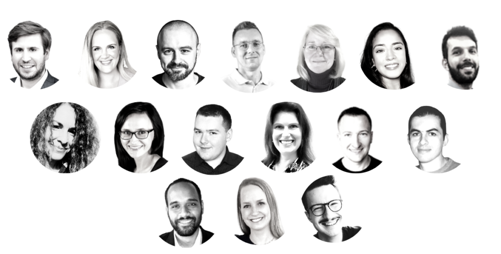 15 headshots in black and white of LingPerfect's key employees