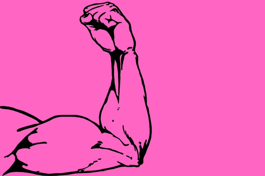 ink illustration of muscular male arm against pink background