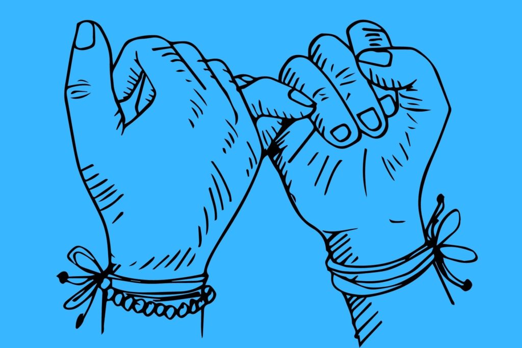 ink illustration of two hands pinky-swearing against blue background